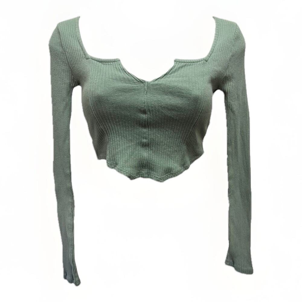 Womens PacSun Size XS Sage Green Ribbed Long Sleeve Cropped Square Neck Top